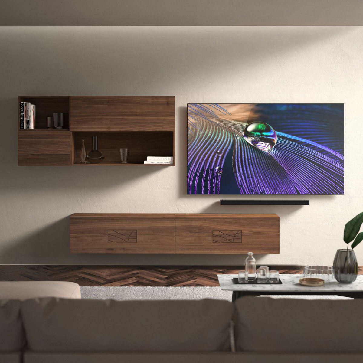 Parete Componibile Moderna In Noce con Basi Sospese Modigliani - immagine 2