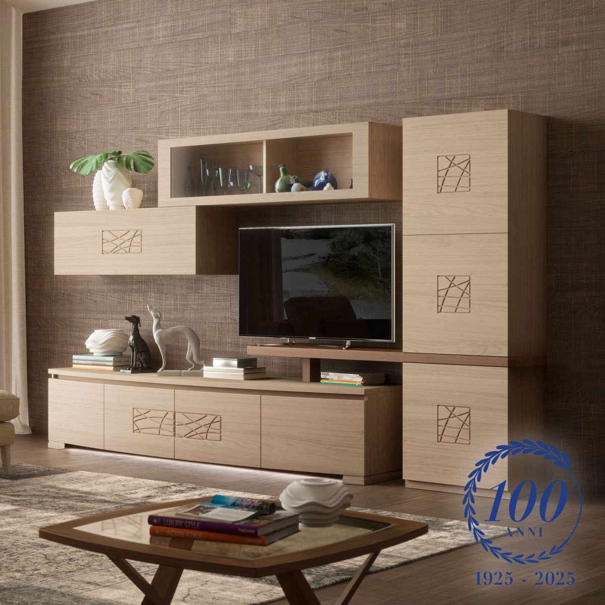 Parete Mobile Componibile Moderna In Legno di Noce con Led Modigliani - immagine 2